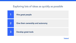 Exploring lots of ideas as quickly as possible
1 Hire great people
2 Give them ownership and autonomy
3 Develop great tools
 