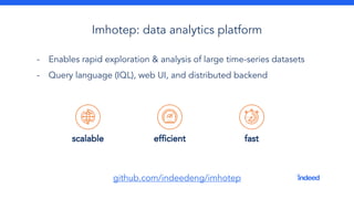 - Enables rapid exploration & analysis of large time-series datasets
- Query language (IQL), web UI, and distributed backend
Imhotep: data analytics platform
fastefficientscalable
github.com/indeedeng/imhotep
 