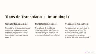 Tipos de Transplante e Imunologia
Transplantes Alogênicos
Transplante de um doador para
um receptor geneticamente
diferente, requerendo terapia
imunossupressora para evitar
rejeição.
Transplantes Autólogos
Transplante de tecidos do
próprio paciente, não havendo
risco de rejeição, pois não há
incompatibilidade imunológica.
Transplantes Xenogênicos
Transplante de um indivíduo de
uma espécie para outro de
espécie diferente, como de
animal para humano, com
grandes desafios imunológicos.
 