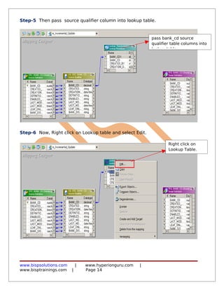 Step-5 Then pass source qualifier column into lookup table.



                                                           pass bank_cd source
                                                           qualifier table columns into
                                                           lookup table.




Step-6 Now, Right click on Lookup table and select Edit.

                                                                   Right click on
                                                                   Lookup Table.




www.bispsolutions.com       |   www.hyperionguru.com   |
www.bisptrainings.com   |       Page 14
 