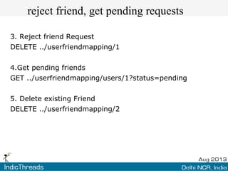 reject friend, get pending requests
3. Reject friend Request
DELETE ../userfriendmapping/1
4.Get pending friends
GET ../userfriendmapping/users/1?status=pending
5. Delete existing Friend
DELETE ../userfriendmapping/2

 