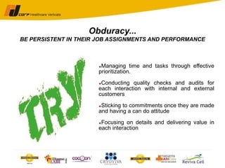 Managing time and tasks through effective
prioritization.
Conducting quality checks and audits for
each interaction with internal and external
customers
Sticking to commitments once they are made
and having a can do attitude
Focusing on details and delivering value in
each interaction
Obduracy...
BE PERSISTENT IN THEIR JOB ASSIGNMENTS AND PERFORMANCE
 