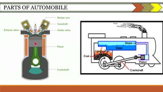 PARTS OF AUTOMOBILE
II. ENGINE
 complex unit in which different components are assembled together
fuel is burned to produce power or energy
The engine converts chemical energy (heat energy) into mechanical energy,
whichis then utilized for vehicular movement.
TWO TYPES OF ENGINE
Internal Combustion (IC) engine - When the fuel is burned within the
engine
External Combustion (EC) engine - when it is burned externally and the
produced steam is used for the mechanical movement
 