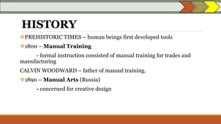HISTORY
PREHISTORIC TIMES – human beings first developed tools
1800 – Manual Training
- formal instruction consisted of manual training for trades and
manufacturing
CALVIN WOODWARD – father of manual training.
1890 – Manual Arts (Russia)
- concerned for creative design
 