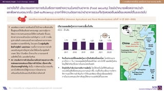 31
EIC Industry Insight : Food & Beverage : Seafood
อยางไรก็ดี นโยบายของทางการจีนในเรื่องการสรางความมั่นคงดานอาหาร (Food security) โดยมีเปาหมายเพื่อลดการนําเขา
และพึ่งพาตนเองมากขึ้น (Self-sufficiency) อาจทําใหความตองการนําเขาอาหารรวมทั้งกุงสดแชเย็นแชแข็งชะลอลงไดในระยะตอไป
ที่มา : การวิเคราะหโดย EIC จากขอมูลของสํานักนโยบายและยุทธศาสตรการคา กระทรวงพาณิชย
แผนพัฒนาเกษตรขั้นสูงและชนบทสมัยใหม (Advance Agricultural and Rural Modernization) ฉบับที่ 14 (ป 2021–2025)
• แผนพัฒนาเกษตรฯ ของจีนฉบับนี้ มีเปาหมายเพื่อสงเสริม
ฟนฟูชนบทใหเขมแข็งอยางครอบคลุม และกระตุนการ
พัฒนาภาคเกษตรและชนบทใหมีความทันสมัย ซึ่งแผน
ดังกลาวประกอบดวยนโยบายสําคัญตาง ๆ อาทิ การเพิ่ม
อุปทานสินคาเกษตรและสรางความมั่นคงทางอาหารของ
ผลผลิตการเกษตรที่สําคัญ โดยเฉพาะในกลุมธัญพืช
สินคาปศุสัตว และประมง รวมทั้งการกระจายการนําเขา
และสนับสนุนหวงโซอุปทานโลกใหมั่นคงในกลุมสินคา
เกษตร ไดแก ถั่วเหลือง นํ้าตาล ฝาย ยางธรรมชาติ
เมล็ดพืชนํ้ามัน และผลิตภัณฑนม
• EIC ประเมินวาการดําเนินนโยบายดังกลาวของทางการจีน
จะสงผลกระทบตอแนวโนมการคากับไทย เนื่องจากจีน
เปนประเทศคูคาสําคัญ ดังนั้น การติดตามนโยบายของจีน
อยางใกลชิดจะชวยใหผูประกอบการไทยสามารถ
เตรียมพรอมรับมือและปรับตัวไดอยางทันทวงที
ปริมาณผลผลิตกุงจากการเพาะเลี้ยงในจีน
หน�วย : ลานตัน
1.75 1.84 1.90 1.65 1.68 1.70
2017 2018 2019 2020 2021 2022E
1.2%
• จีนเปนประเทศที่มีผลผลิตกุงมากเปนอันดับหนึ่งของโลก โดยมีสวนแบง
มากถึงราว 1 ใน 3 ของผลผลิตกุงทั้งหมดทั่วโลก อยางไรก็ดี ผลผลิตกุงสวน
ใหญใชสําหรับบริโภคภายในประเทศเปนหลัก
• ปจจุบันจีนกําลังเรงยกระดับการผลิตกุง โดยใชเทคโนโลยีที่ทันสมัยและ
ระบบอัตโนมัติเพื่อทดแทนแรงงานคนมากขึ้น รวมทั้งปรับเปลี่ยนการบริหาร
จัดการและใหความสําคัญกับการวิจัยและพัฒนาเพื่อมุงเพิ่มผลผลิตกุง
ภายในประเทศและบริหารตนทุนใหสามารถแขงขันไดในอนาคต
1. ความตองการนําเขากุง และนโยบาย Food security ของจีน
 