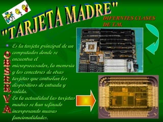 Es la tarjeta principal de un computador donde se encuentra el microprocesador, la memoria y los conectores de otras tarjetas que controlan los dispositivos de entrada y salida. En la actualidad las tarjetas madres se han refinado incorporando nuevas funcionalidades. &quot;TARJETA MADRE&quot; DIFERNTES CLASES DE T.M. OBSERVA 