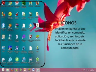 iconos
ICONOS
Imagen en pantalla que
identifica un comando,
aplicación, archivo, etc.
Facilitan la ejecución de
las funciones de la
computadora.
 