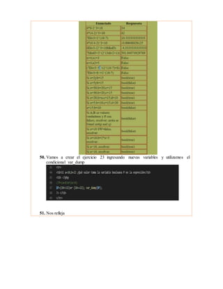 50. Vamos a crear el ejercicio 23 ingresando nuevas variables y utilizamos el
condicional var_dump
51. Nos refleja
 