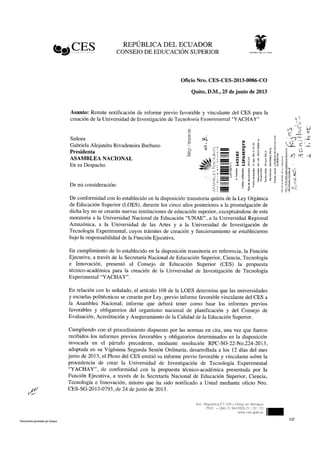 Informe vinculante - Proyecto de Ley de Creación de la Universidad Yachay