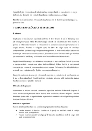 Ampolla: lesión circunscrita y elevada de piel que contiene líquido y cuyo diámetro es mayor
de 5 mm, Ej.: dermatitis por contacto dependiente d hiedras venenosas,pénfigo.
Pústula: lesión circunscrita y elevada de la piel, hasta 3 mm de diámetro que contiene pus; EJ.:
pústula de acné.
TEJIDOS PATOLÓGICOS ESTUDIADOS
Placenta
La placenta es una estructura redondeada en forma de disco de unos 25 cm de diámetro y unos
2,5 cm de grosor (hacia el final del embarazo) que adosada a la cara interna del útero materno le
permite al bebé nutrirse mediante la extracción de los elementos necesarios provenientes de la
sangre materna. Además se comporta como un filtro de sangre fetal con múltiples
compartimientos que bañados por sangre materna permiten el intercambio entre la circulación
materna y la fetalevitando su contacto directo, pero en relación tan cercana e íntima que permiten
que las sustancias nutritivas y los desechos sean intercambiados sin inconvenientes.
La placenta está formada por un componente materno (que es una transformación de la membrana
o mucosa uterina) y otra parte de origen fetal (trofoblasto). El lado fetal de la placenta está
compuesto por cientos de vasos sanguíneos entrecruzados. En la evolución del trofoblasto se
genera la placa coriónica con los distintos componentes placentarios.
La porción materna es la parte más externa de la placenta, en contacto con la pared uterina, por
lo que se llama placa basal. Consiste en tejido embriónico así como tejido materno (la decidua
basal con los vasos y glándulas uterinas)
Ubicación de la placenta
Normalmente la placenta está en la cara anterior o posterior del útero, sin interferir o taponar el
cuello uterino que es por donde ha de nacer el bebé atravesando el canal del parto. Una vez
implantada y bien sujeta enla pareduterina, la placenta no se mueve.Puede desplazarse y cambiar
de ubicación dentro del útero,
Función de la placenta:
Función de intercambio: bajo este nombre se agrupan en realidad tres funciones:
 Función nutritiva o digestiva: consiste en el pasaje de nutrientes desde la sangre
materna hacia la sangre fetal
 Función excretora: consiste en el pasaje de desechos metabólicos desde la sangre fetal
hacia la sangre materna
 
