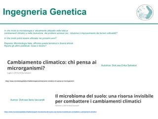 Ingegneria Genetica
In che modo la microbiologia e’ attualmente utilizzata nella lotta ai
cambiamenti climatici e nella risoluzione dei problemi annessi (es.: riduzione e impoverimento dei terreni coltivabili)?
In che modo potrà essere utilizzata nei prossimi anni?
Risposta: Microbiologia Italia affronta questa tematica in diversi articoli.
Riporto gli ultimi pubblicati. Cosa ci dicono?
Autotrice: Dott.ssa Erika Salvatori
https://www.microbiologiaitalia.it/batteriologia/cambiamento-climatico-chi-pensa-ai-microrganismi/
Autrice: Dott.ssa Ilaria Vaccarelli
https://www.microbiologiaitalia.it/batteriologia/il-microbioma-del-suolo-una-risorsa-invisibile-per-combattere-i-cambiamenti-climatici/
 