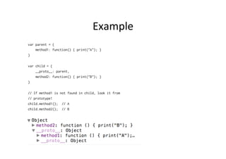 Example	
  
var parent = {
method1: function() { print("A"); }
}
var child = {
__proto__: parent,
method2: function() { print("B"); }
}
// If method1 is not found in child, look it from
// prototype!
child.method1(); // A
child.method2(); // B
 
