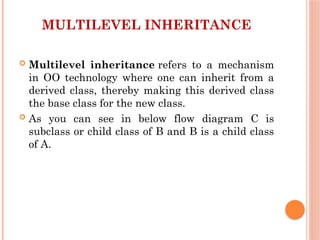 MULTILEVEL INHERITANCE
 Multilevel inheritance refers to a mechanism
in OO technology where one can inherit from a
derived class, thereby making this derived class
the base class for the new class.
 As you can see in below flow diagram C is
subclass or child class of B and B is a child class
of A.
 