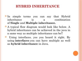 HYBRID INHERITANCE
 In simple terms you can say that Hybrid
inheritance is a combination
of Single and Multiple inheritance.
 A typical flow diagram would look like below. A
hybrid inheritance can be achieved in the java in
a same way as multiple inheritance can be!!
 Using interfaces. yes you heard it right. By
using interfaces you can have multiple as well
as hybrid inheritance in Java.
 