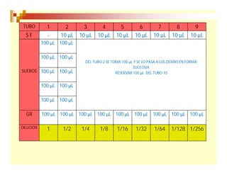 TUBO 1 2 3 4 5 6 7 8 9
S F - 10 µL 10 µL 10 µL 10 µL 10 µL 10 µL 10 µL 10 µL
100 µL 100 µL
100 µL 100 µL
DEL TUBO 2 SE TOMA 100 µL Y SE LO PASA A LOS DEMAS EN FORMA
SUCECIVA
RESERVAR 100 µL DEL TUBO 10SUEROS 100 µL 100 µL
100 µL 100 µL
100 µL 100 µL
GR 100 µL 100 µL 100 µL 100 µL 100 µL 100 µL 100 µL 100 µL 100 µL
DILUCION 1 1/2 1/4 1/8 1/16 1/32 1/64 1/128 1/256
 