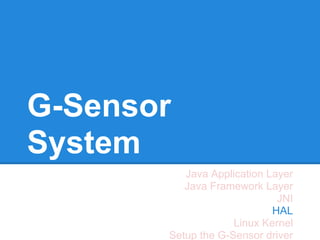 G-Sensor
System
          Java Application Layer
          Java Framework Layer
                             JNI
                            HAL
                    Linux Kernel
       Setup the G-Sensor driver
 