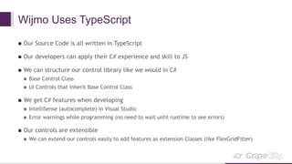 Wijmo Uses TypeScript
 Our Source Code is all written in TypeScript
 Our developers can apply their C# experience and skill to JS
 We can structure our control library like we would in C#
 Base Control Class
 UI Controls that inherit Base Control Class
 We get C# features when developing
 IntelliSense (autocomplete) in Visual Studio
 Error warnings while programming (no need to wait until runtime to see errors)
 Our controls are extensible
 We can extend our controls easily to add features as extension Classes (like FlexGridFilter)
 