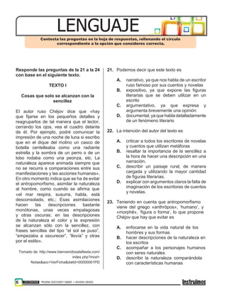 6 201500458 PRUEBA DISCOVERY SABER ••• NOVENO GRADO
Responde las preguntas de la 21 a la 24
con base en el siguiente texto.
TEXTO I
Cosas que solo se alcanzan con la
sencillez
El autor ruso Chéjov dice que «hay
que fijarse en los pequeños detalles y
reagruparlos de tal manera que el lector,
cerrando los ojos, vea el cuadro delante
de él. Por ejemplo, podré comunicar la
impresión de una noche de luna si escribo
que en el dique del molino un casco de
botella centelleaba como una radiante
estrella y la sombra de un perro o de un
lobo rodaba como una peonza, etc. La
naturaleza aparece animada siempre que
no se recurra a comparaciones entre sus
manifestaciones y las acciones humanas».
En otro momento indica que se ha de evitar
el antropomorfismo, asimilar la naturaleza
al hombre, como cuando se afirma que
«el mar respira, susurra, habla, está
desconsolado, etc.; Esas asimilaciones
hacen las descripciones bastante
monótonas, unas veces empalagosas
y otras oscuras; en las descripciones
de la naturaleza el color y la expresión
se alcanzan sólo con la sencillez, con
frases sencillas del tipo “el sol se puso”,
“empezaba a oscurecer”, “llovía” y otras
por el estilo».
Tomado de: http://www.bienvenidosalafiesta.com/
index.php?mod=
Notas&acc=VerFicha&datId=00000001PD
21. Podemos decir que este texto es
A. narrativo, ya que nos habla de un escritor
ruso famoso por sus cuentos y novelas
B. expositivo, ya que expone las figuras
literarias que se deben utilizar en un
escrito
C. argumentativo, ya que expresa y
argumenta brevemente una opinión
D. documental, ya que habla detalladamente
de un fenómeno literario
22. La intención del autor del texto es
A. criticar a todos los escritores de novelas
y cuentos que utilizan metáforas
B. resaltar la importancia de la sencillez a
la hora de hacer una descripción en una
narración.
C. describir un paisaje rural, de manera
cargada y utilizando la mayor cantidad
de figuras literarias.
D. explicar con argumentos claros la falta de
imaginación de los escritores de cuentos
y novelas.
23. Teniendo en cuenta que antropomorfismo
viene del griego «anthrōpos», ‘humano’, y
«morphē», ‘figura o forma’, lo que propone
Chéjov que hay que evitar es
A. enfocarse en la vida natural de los
hombres y sus formas
B. hacer descripciones de la naturaleza en
los escritos
C. acompañar a los personajes humanos
con seres naturales
D. describir la naturaleza comparándola
con características humanas
LENGUAJE
Contesta las preguntas en la hoja de respuestas, rellenando el círculo
correspondiente a la opción que consideres correcta.
 