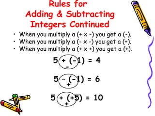 Rules for
Adding & Subtracting
Integers Continued
• When you multiply a (+ x -) you get a (-).
• When you multiply a (- x -) you get a (+).
• When you multiply a (+ x +) you get a (+).
5 + (-1) = 4
5 – (-1) = 6
5 + (+5) = 10
-
+
+
 