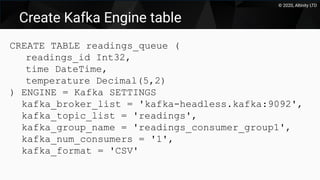 © 2020, Altinity LTD
Create Kafka Engine table
CREATE TABLE readings_queue (
readings_id Int32,
time DateTime,
temperature Decimal(5,2)
) ENGINE = Kafka SETTINGS
kafka_broker_list = 'kafka-headless.kafka:9092',
kafka_topic_list = 'readings',
kafka_group_name = 'readings_consumer_group1',
kafka_num_consumers = '1',
kafka_format = 'CSV'
 
