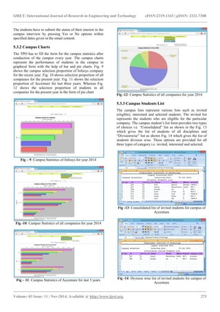 IJRET: International Journal of Research in Engineering and Technology eISSN:2319-1163 | pISSN: 2321-7308
_______________________________________________________________________________________
Volume: 03 Issue: 11 | Nov-2014, Available @ http://www.ijret.org 273
The students have to submit the status of their interest in the
campus interview by pressing Yes or No options within
specified dates given in the email content.
5.3.2 Campus Charts
The TPO has to fill the form for the campus statistics after
conduction of the campus every year. The campus charts
represent the performance of students in the campus in
graphical form with the help of bar and pie charts. Fig. 9
shows the campus selection proportion of Infosys company
for the recent year. Fig. 10 shows selection proportion of all
companies for the present year. Fig. 11 shows the selection
proportion of Accenture for last three years. Whereas Fig.
12 shows the selection proportion of students in all
companies for the present year in the form of pie chart
Fig – 9: Campus Statistics of Infosys for year 2014
Fig -10: Campus Statistics of all companies for year 2014
Fig – 11: Campus Statistics of Accenture for last 3 years
Fig -12: Campus Statistics of all companies for year 2014
5.3.3 Campus Students List
The campus lists represent various lists such as invited
(eligible), interested and selected students. The invited list
represents the students who are eligible for the particular
company. The campus student‟s list form provides two types
of choices i.e. “Consolidated” list as shown in the Fig. 13
which gives the list of students of all disciplines and
“Divisionwise” list as shown Fig. 14 which gives the list of
students division wise. These options are provided for all
three types of category i.e. invited, interested and selected.
Fig -13: Consolidated list of invited students for campus of
Accenture
Fig -14: Division wise list of invited students for campus of
Accenture
 