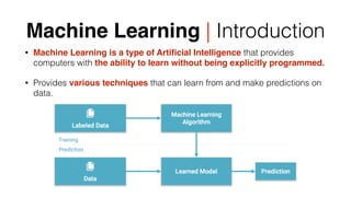 Machine Learning | Introduction
• Machine Learning is a type of Artiﬁcial Intelligence that provides
computers with the ability to learn without being explicitly programmed.
• Provides various techniques that can learn from and make predictions on
data.
 