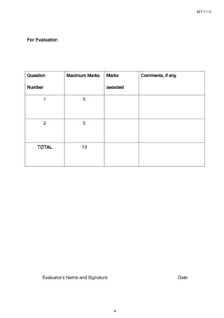 MT-11-II
4
For EvaluationFor EvaluationFor EvaluationFor Evaluation
QuestionQuestionQuestionQuestion
NumberNumberNumberNumber
Maximum MarksMaximum MarksMaximum MarksMaximum Marks MarksMarksMarksMarks
awardedawardedawardedawarded
Comments, if anyComments, if anyComments, if anyComments, if any
1 5
2 5
TOTALTOTALTOTALTOTAL 10
Evaluator’s Name and Signature Date
 