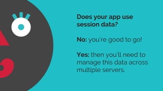 Does your app use
session data?
No: you’re good to go!
Yes: then you’ll need to
manage this data across
multiple servers.
 