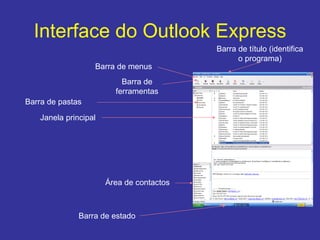 Interface do Outlook Express Barra de menus Barra de ferramentas Barra de título (identifica o programa) Janela principal Barra de pastas Área de contactos Barra de estado 