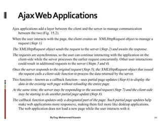 AjaxWebApplications
Ajax applications add a layer between the client and the server to manage communication
between the two (Fig. 15.2).
When the user interacts with the page, the client creates an XMLHttpRequest object to manage a
request (Step 1).
The XMLHttpRequest object sends the request to the server (Step 2) and awaits the response.
The requests are asynchronous, so the user can continue interacting with the application on the
client-side while the server processes the earlier request concurrently. Other user interactions
could result in additional requests to the server (Steps 3 and 4).
Once the server responds to the original request (Step 5), the XMLHttpRequest object that issued
the request calls a client-side function to process the data returned by the server.
This function—known as a callback function—uses partial page updates (Step 6) to display the
data in the existing web page without reloading the entire page.
At the same time, the server may be responding to the second request (Step 7) and the client-side
may be starting to do another partial page update (Step 8).
The callback function updates only a designated part of the page. Such partial page updates help
make web applications more responsive, making them feel more like desktop applications.
The web application does not load a new page while the user interacts with it.
By Eng: Mohammed Hussein 20
 