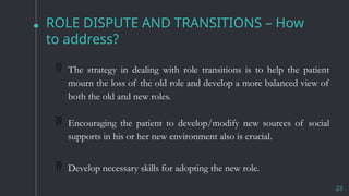 ROLE DISPUTE AND TRANSITIONS – How
to address?
23
 The strategy in dealing with role transitions is to help the patient
mourn the loss of the old role and develop a more balanced view of
both the old and new roles.
 Encouraging the patient to develop/modify new sources of social
supports in his or her new environment also is crucial.
 Develop necessary skills for adopting the new role.
 
