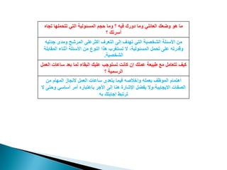 ٟ‫اٌز‬ ‫اٌّغئٌٛ١خ‬ ُ‫ؽغ‬ ‫ِٚب‬ ‫؟‬ ٗ١‫ف‬ ‫دٚسن‬ ‫ِٚب‬ ٍٟ‫اٌؼبئ‬ ‫ٚػؼه‬ ٛ٘ ‫ِب‬ٖ‫رغب‬ ‫رزؾٍّٙب‬
‫؟‬ ‫أعشره‬
ٗ١‫عذر‬ ٜ‫ِٚذ‬ ‫اٌّششؼ‬ ٍٝ‫أوضشػ‬ ‫اٌزؼشف‬ ٌٝ‫ا‬ ‫رٙذف‬ ٟ‫اٌز‬ ‫اٌشخظ١خ‬ ‫األعئٍخ‬ ِٓ
‫األعئٍخ‬ ِٓ ‫إٌٛع‬ ‫٘زا‬ ‫رغزغشة‬ ‫ال‬ ،‫اٌّغئٌٛ١خ‬ ًّ‫رؾ‬ ٍٝ‫ػ‬ ٗ‫ٚلذسر‬‫اٌّمبثٍخ‬ ‫أصٕبء‬
‫اٌشخظ١خ‬.
‫ػٍّه‬ ‫ؿج١ؼخ‬ ‫ِغ‬ ًِ‫رزؼب‬ ‫و١ف‬ًّ‫اٌؼ‬ ‫عبػبد‬ ‫ثؼذ‬ ‫ٌّب‬ ‫اٌجمبء‬ ‫ػٍ١ه‬ ‫رغزٛعت‬ ‫وبٔذ‬ ْ‫ا‬
‫؟‬ ‫اٌشعّ١خ‬
َ‫ا٘زّب‬ِٓ َ‫اٌّٙب‬ ‫الٔغبص‬ ًّ‫اٌؼ‬ ‫عبػبد‬ ٜ‫٠زؼذ‬ ‫ف١ّب‬ ٗ‫ٚاخالط‬ ٍّٗ‫ثؼ‬ ‫اٌّٛظف‬
‫ال‬ ٝ‫ٚؽز‬ ٟ‫أعبع‬ ‫أِش‬ ٖ‫ثبػزجبس‬ ‫األعش‬ ٌٝ‫ا‬ ‫ٕ٘ب‬ ‫اإلشبسح‬ ً‫٠فؼ‬ ‫اال٠غبث١خ،ٚال‬ ‫اٌظفبد‬
ٗ‫ث‬ ‫اعبثزه‬ ‫رشرجؾ‬
 
