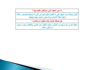 ‫؟‬ ‫ثٙب‬ َ‫اٌم١ب‬ ‫عزشفغ‬ ٟ‫اٌز‬ َ‫اٌّٙب‬ ٟ٘ ‫ِب‬
‫ثزخظض‬ ‫رشرجؾ‬ ‫ال‬ ٟ‫اٌز‬ ٟ٘ ‫ثٙب‬ َ‫اٌم١ب‬ ً‫رفؼ‬ ‫ال‬ ٟ‫اٌز‬ َ‫اٌّٙب‬ ْ‫ثؤ‬ ‫اعبثزه‬ ٓ‫ٌزى‬‫ػٍّه‬
‫ثؼ١ٕٙب‬ َ‫ِٙب‬ ‫رؾذ٠ذ‬ ْٚ‫ثذ‬ ،‫االعزّشاس٠خ‬ ‫طفخ‬ ‫ٌٚٙب‬.
‫؟‬ ُ‫ِزشبئ‬ َ‫أ‬ ً‫ِزفبئ‬ ‫ثؤٔه‬ ‫ٔفغه‬ ‫رظفه‬ ً٘
‫إٌبط‬ ُ‫ِؼظ‬‫٠غت‬ ‫ِب‬ ٛ٘ٚ ً‫ٚاألفؼ‬ ٌٝٚ‫األ‬ ٛ٘ ‫اٌزفبإي‬ ٓ‫ٌٚى‬ ،ٓ١ٕ‫االص‬ ِٓ ‫ِض٠ظ‬ ُ٘
ٗ١ٍ‫ػ‬ ْٛ‫رى‬ ْ‫أ‬.
 