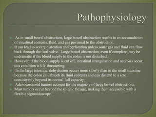  As in small bowel obstruction, large bowel obstruction results in an accumulation
of intestinal contents, fluid, and gas proximal to the obstruction.
 It can lead to severe distention and perforation unless some gas and fluid can flow
back through the ileal valve. Large bowel obstruction, even if complete, may be
undramatic if the blood supply to the colon is not disturbed.
 However, if the blood supply is cut off, intestinal strangulation and necrosis occur;
this condition is life-threatening.
 In the large intestine, dehydration occurs more slowly than in the small intestine
because the colon can absorb its fluid contents and can distend to a size
considerably beyond its normal full capacity.
 Adenocarcinoid tumors account for the majority of large bowel obstructions.
 Most tumors occur beyond the splenic flexure, making them accessible with a
flexible sigmoidoscope.
 