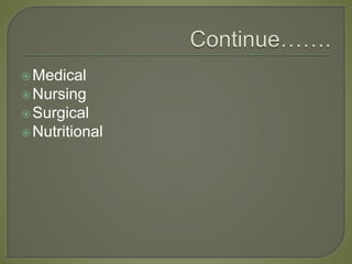 Medical
Nursing
Surgical
Nutritional
 