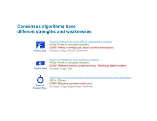 Consensus algorithms have
different strengths and weaknesses
Require validators to solve difficult cryptographic puzzles
PROs: Works in untrusted networks
CONS: Relies on energy use; slow to confirm transactions
Example usage: Bitcoin, Ethereum
Require validators to hold currency in escrow
PROs: Works in untrusted networks
CONS: Requires intrinsic (crypto)currency, ”Nothing at stake” problem
Example usage: Nxt
Wait time in a trusted execution environment randomizes block generation
PROs: Efficient
CONS: Requires processor extensions
Example usage: Hyperledger Sawtooth
Proof of stake
Proof of
Elapsed Time
Proof of work
 