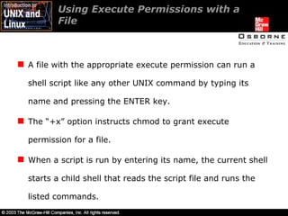 Using Execute Permissions with a  File  A file with the appropriate execute permission can run a shell script like any other UNIX command by typing its name and pressing the ENTER key. The “+x” option instructs chmod to grant execute permission for a file. When a script is run by entering its name, the current shell starts a child shell that reads the script file and runs the listed commands. 