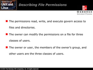 Describing File Permissions  The permissions read, write, and execute govern access to files and directories. The owner can modify the permissions on a file for three classes of users. The owner or user, the members of the owner’s group, and other users are the three classes of users. 