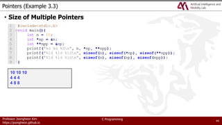 Professor Joongheon Kim
https://joongheon.github.io
C Programming
Pointers (Example 3.3)
• Size of Multiple Pointers
44
10 10 10
4 4 4
4 8 8
 