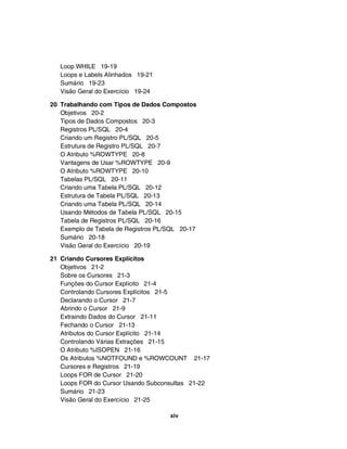 Loop WHILE 19-19
Loops e Labels Alinhados 19-21
Sumário 19-23
Visão Geral do Exercício 19-24
20 Trabalhando com Tipos de Dados Compostos
Objetivos 20-2
Tipos de Dados Compostos 20-3
Registros PL/SQL 20-4
Criando um Registro PL/SQL 20-5
Estrutura de Registro PL/SQL 20-7
O Atributo %ROWTYPE 20-8
Vantagens de Usar %ROWTYPE 20-9
O Atributo %ROWTYPE 20-10
Tabelas PL/SQL 20-11
Criando uma Tabela PL/SQL 20-12
Estrutura de Tabela PL/SQL 20-13
Criando uma Tabela PL/SQL 20-14
Usando Métodos de Tabela PL/SQL 20-15
Tabela de Registros PL/SQL 20-16
Exemplo de Tabela de Registros PL/SQL 20-17
Sumário 20-18
Visão Geral do Exercício 20-19
21 Criando Cursores Explícitos
Objetivos 21-2
Sobre os Cursores 21-3
Funções do Cursor Explícito 21-4
Controlando Cursores Explícitos 21-5
Declarando o Cursor 21-7
Abrindo o Cursor 21-9
Extraindo Dados do Cursor 21-11
Fechando o Cursor 21-13
Atributos do Cursor Explícito 21-14
Controlando Várias Extrações 21-15
O Atributo %ISOPEN 21-16
Os Atributos %NOTFOUND e %ROWCOUNT 21-17
Cursores e Registros 21-19
Loops FOR de Cursor 21-20
Loops FOR do Cursor Usando Subconsultas 21-22
Sumário 21-23
Visão Geral do Exercício 21-25
xiv
 