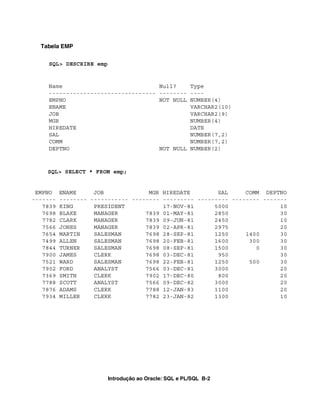 Introdução ao Oracle: SQL e PL/SQL B-2
Tabela EMP
SQL> DESCRIBE emp
Name Null? Type
------------------------------- -------- ----
EMPNO NOT NULL NUMBER(4)
ENAME VARCHAR2(10)
JOB VARCHAR2(9)
MGR NUMBER(4)
HIREDATE DATE
SAL NUMBER(7,2)
COMM NUMBER(7,2)
DEPTNO NOT NULL NUMBER(2)
SQL> SELECT * FROM emp;
EMPNO ENAME JOB MGR HIREDATE SAL COMM DEPTNO
------- -------- ----------- -------- --------- --------- -------- -------
7839 KING PRESIDENT 17-NOV-81 5000 10
7698 BLAKE MANAGER 7839 01-MAY-81 2850 30
7782 CLARK MANAGER 7839 09-JUN-81 2450 10
7566 JONES MANAGER 7839 02-APR-81 2975 20
7654 MARTIN SALESMAN 7698 28-SEP-81 1250 1400 30
7499 ALLEN SALESMAN 7698 20-FEB-81 1600 300 30
7844 TURNER SALESMAN 7698 08-SEP-81 1500 0 30
7900 JAMES CLERK 7698 03-DEC-81 950 30
7521 WARD SALESMAN 7698 22-FEB-81 1250 500 30
7902 FORD ANALYST 7566 03-DEC-81 3000 20
7369 SMITH CLERK 7902 17-DEC-80 800 20
7788 SCOTT ANALYST 7566 09-DEC-82 3000 20
7876 ADAMS CLERK 7788 12-JAN-83 1100 20
7934 MILLER CLERK 7782 23-JAN-82 1300 10
 