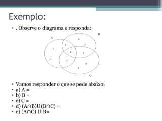 Exemplo:
• . Observe o diagrama e responda:
• Vamos responder o que se pede abaixo:
• a) A =
• b) B =
• c) C =
• d) (A B)U(B C) =
∩ ∩
• e) (A C) U B=
∩
 