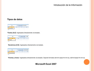 Introducción de la Información
•Textos (A-Z): Ingresados directamente vía teclado.
•Numéricos (0-9): Ingresados directamente vía teclado.
•Fechas y horas: Ingresados directamente vía teclado. Soporta formatos dd-mm-aaaa hh:mm:ss, dd/mm/aaaa hh:mm:ss.
Tipos de datos
Microsoft Excel 2007
 