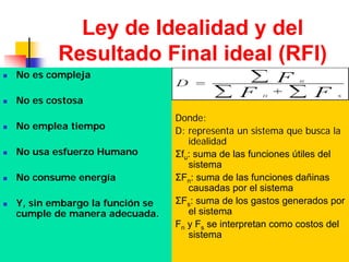 Ley de Idealidad y del
Resultado Final ideal (RFI)
No es compleja
No es costosa
No emplea tiempo
No usa esfuerzo Humano
No consume energía
Y, sin embargo la función se
cumple de manera adecuada.
Donde:
D: representa un sistema que busca la
idealidad
Σfu: suma de las funciones útiles del
sistema
ΣFn: suma de las funciones dañinas
causadas por el sistema
ΣFs: suma de los gastos generados por
el sistema
Fn y Fs se interpretan como costos del
sistema
 