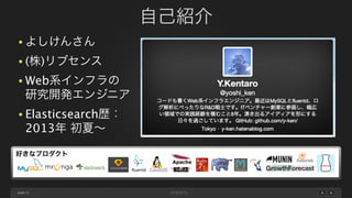 自己紹介
• よしけんさん
• (株)リブセンス
• Web系インフラの

研究開発エンジニア
• Elasticsearch歴：

2013年 初夏∼
好きなプロダクト

page 13

 