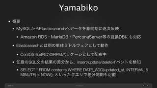 Yamabiko
概要
MySQLからElasticsearchへデータを非同期に逐次反映
Amazon RDS・MariaDB・PerconaServer等の互換DBにも対応
Elasticsearchとは別の単体ミドルウェアとして動作
CentOS 6.x向けのRPMパッケージとして配布中
任意のSQL文の結果の差分から、insert/update/deleteイベントを検知
SELECT * FROM contents WHERE DATE_ADD(updated_at, INTERVAL 5
MINUTE) > NOW(); といったクエリで差分同期も可能
page 31

 