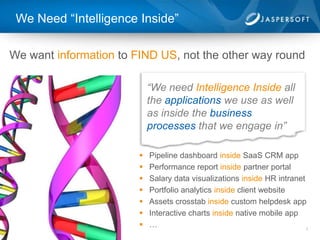 We Need “Intelligence Inside”

We want information to FIND US, not the other way round

                                                                  “We need Intelligence Inside all
                                                                  the applications we use as well
                                                                  as inside the business
                                                                  processes that we engage in”

                                                                 Pipeline dashboard inside SaaS CRM app
                                                                 Performance report inside partner portal
                                                                 Salary data visualizations inside HR intranet
                                                                 Portfolio analytics inside client website
                                                                 Assets crosstab inside custom helpdesk app
                                                                 Interactive charts inside native mobile app
                                                                 …                                             3
 ©2012 Jaspersoft Corporation. Proprietary and Confidential
 