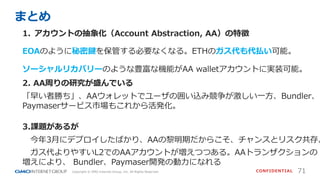 71
CONFIDENTIAL
Copyright © GMO Internet Group, Inc. All Rights Reserved.
まとめ
1. アカウントの抽象化（Account Abstraction, AA）の特徴
EOAのように秘密鍵を保管する必要なくなる。ETHのガス代も代払い可能。
ソーシャルリカバリーのような豊富な機能がAA walletアカウントに実装可能。
2. AA周りの研究が盛んでいる
「早い者勝ち」、AAウォレットでユーザの囲い込み競争が激しい⼀⽅、Bundler、
Paymaserサービス市場もこれから活発化。
3.課題があるが
今年3⽉にデプロイしたばかり、AAの黎明期だからこそ、チャンスとリスク共存。
ガス代よりやすいL2でのAAアカウントが増えつつある。AAトランザクションの
増えにより、 Bundler、Paymaser開発の動⼒になれる
 