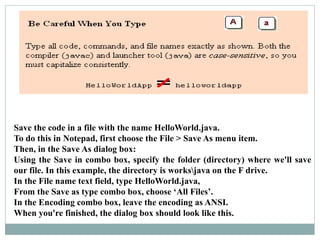 Save the code in a file with the name HelloWorld.java.
To do this in Notepad, first choose the File > Save As menu item.
Then, in the Save As dialog box:
Using the Save in combo box, specify the folder (directory) where we'll save
our file. In this example, the directory is worksjava on the F drive.
In the File name text field, type HelloWorld.java,
From the Save as type combo box, choose ‘All Files’.
In the Encoding combo box, leave the encoding as ANSI.
When you're finished, the dialog box should look like this.
 