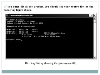 If you enter dir at the prompt, you should see your source file, as the
following figure shows.
Directory listing showing the .java source file.
 